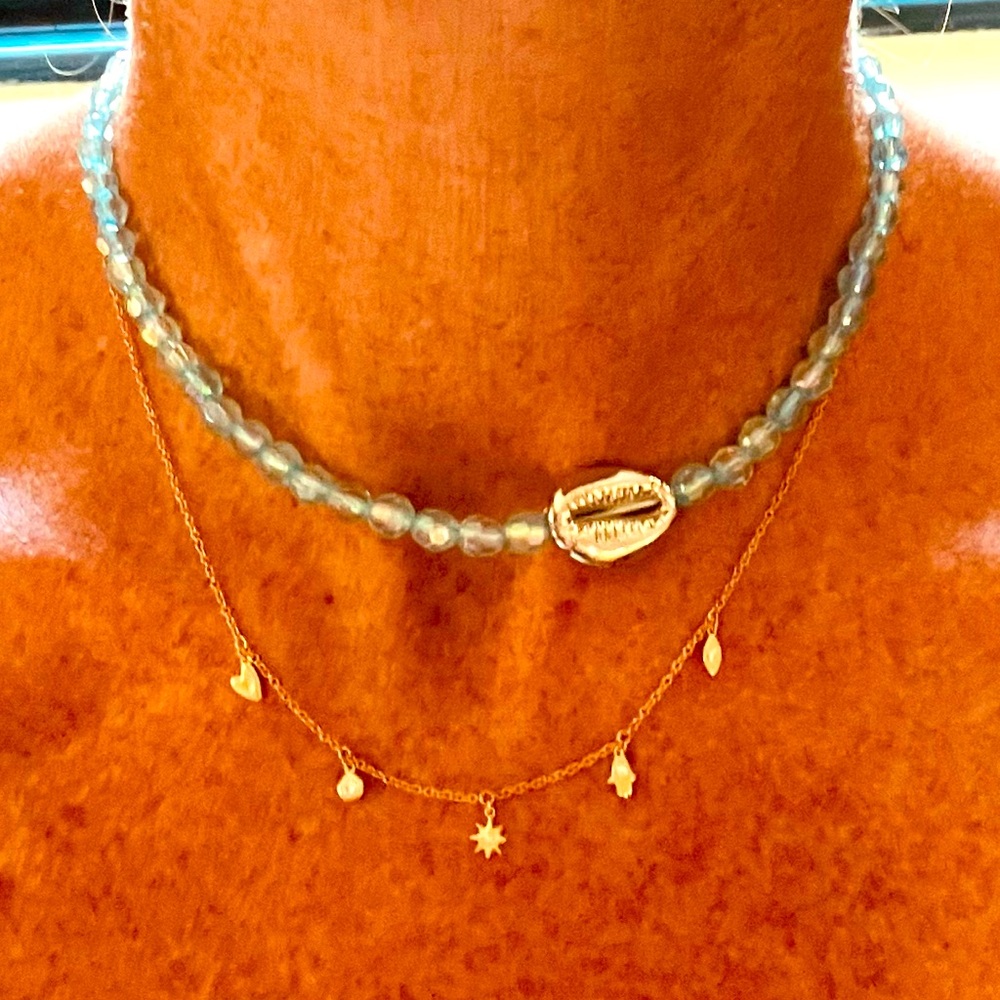 New So Cool Boho The Side Shell Crystal Beaded Necklace Blue Silver